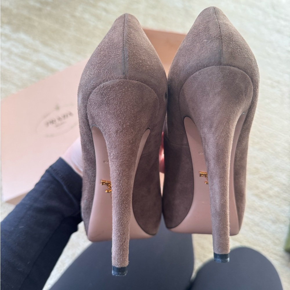 Prada Taupe Suede Platform Pumps Sz 36.5 - Picture 6 of 7